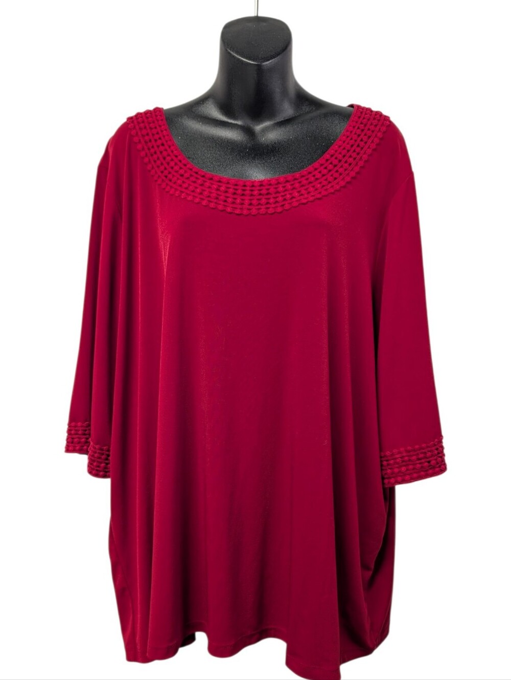 Maggie Barnes Womens Plus 2X Red Solid Knit Scoop Neck 3/4 Sleeve Crochet Trim